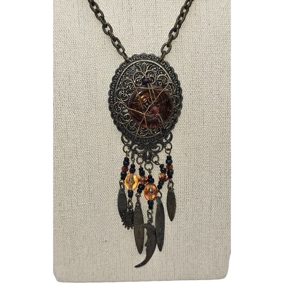 Amber Glass Talisman Necklace Black Filigree Charm Pendant - Witchy Luxe